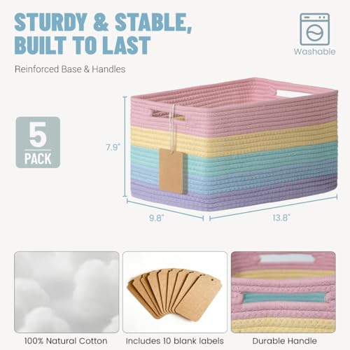 5 Pack Rainbow Woven Storage Baskets for Shelves, Decorative Toy Baskets Organizer for Kids Room, Nursery, Playroom, Classroom – Colorful Cotton Rope Toy Storage Bins for Organizing & Decor - color: Rainbow