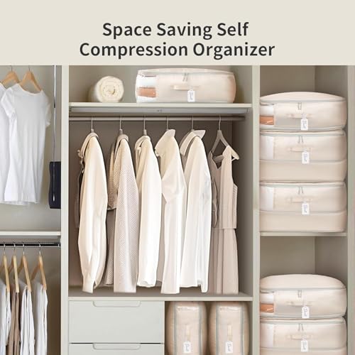 DIMJ Comforter Storage Bag 4 Pack - Blanket Storage Organizer Compression Bags, Large Capacity Ultra Space Saving Self Compression Organize for Bedding, Pillow, Duvet, Sheet Storage with Zipper Window - color: Beige, size: 66L x 4 Pack
