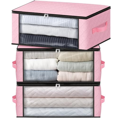 HomeHacks Storage 3-Pack Clothes Organizer Storage Bags Foldable Storage Box with Large Clear Window Sturdy Handles for Closet, Dorm, Pillows, Bedding, Clothes, Blankets, 35L, Pink - color: Pink
