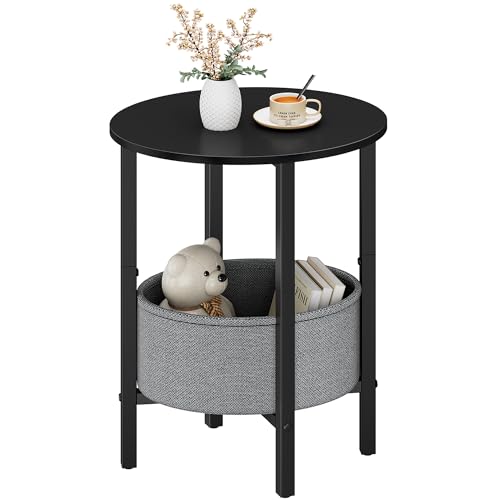 Vagusicc Round Side Table End Table with Storage Basket, Small Side Table Round Nightstand for Small Spaces, Tall Oval End Table with Steel Frame, Coffee Bedside Table for Living Room Bedroom, Black - color: Black