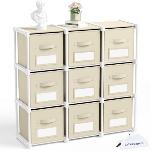 Geelin 9 Cube Storage Organizer with Fabric Bins and Labels 11 Inch, Fabric Collapsible Cubby Clothes Storage Drawer Dresser for Bedroom Living Room Office Organization - color: Khaki