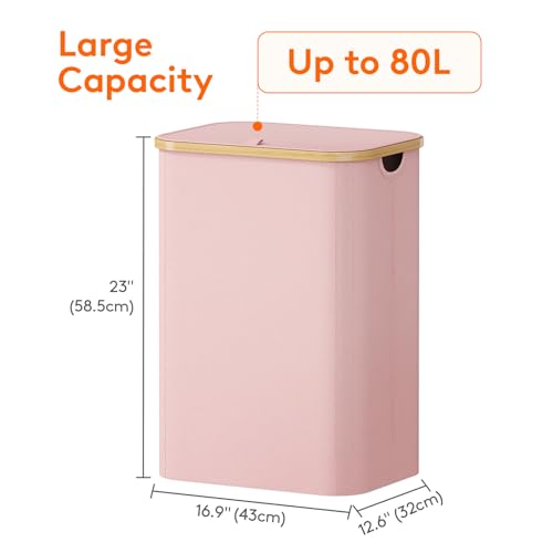 Lifewit 80L Laundry Basket with Lid, Clothes Hampers for Laundry with Bamboo Handles and 1 Removable Bag, Large Foldable Laundry Hamper for Bedroom, Bathroom, Dorm, Laundry Room, Pink - color: Pink, size: 80L