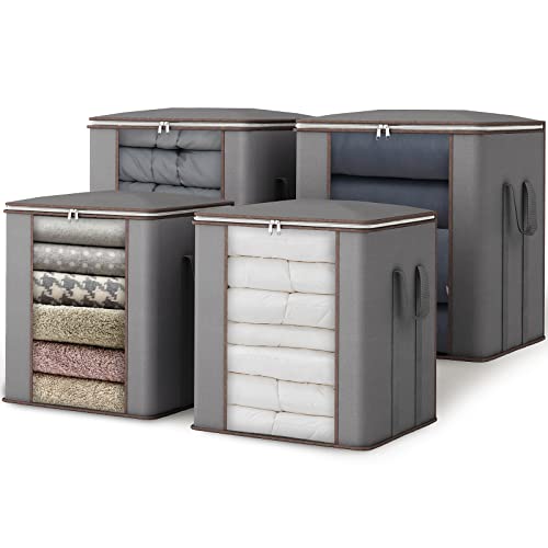 Fixwal 4pcs Large Blanket Bags 120L King Foldable Comforters Storage Bags, Extra Large Organizers for Blankets, Clothes, Pillows, Quilts, Bedding with Thick Fabric Reinforced Handles, Grey - color: Grey, style: 4pcs