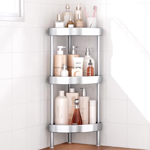 Nieifi Corner Shower Caddy Stand-3 Tier Rustproof Anodized Aluminum Standing Shower Organizer-Shower Caddy Corner-Dual Stability to Anti-Shaking-Height-Adjustable Legs for Uneven Surfaces-Silver - color: Silver, size: 3-Tier