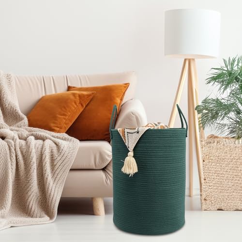 Woven Cotton Rope Laundry basket-15”X20” Laundry Hamper-Rope Storage Basket for Dirty Clothes, Toys and Blankets Perfect for Bathroom, Baby nursery and Living Room Storage (dark green) - color: dark green, size: regular