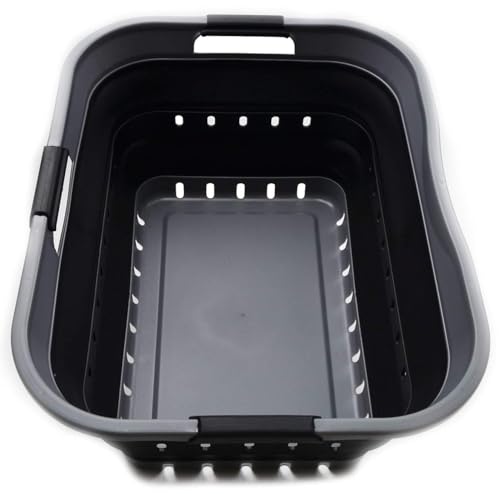 SAMMART 42L Collapsible Plastic Laundry Basket - Foldable Pop Up Storage Container/Organizer - Space Saving Hamper/Basket (1, Grey/Black) - color: Grey/Black
