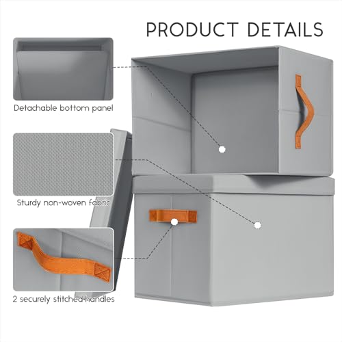 Homsorout Storage Bins with Lids - Fabric Storage Baskets for Shelves, 4 Pack Foldable Decorative Boxes with Handles, Stackable Organizer Bins for Home, Nursery, Dorm, Grey - color: Grey, size: L(4-Pack)