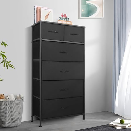 Mifuro Tall Dresser for Bedroom, Vertical Storage Organizer Tower with 7 Drawers, Chest of Drawers with Fabric Bins, Steel Frame, Wood Top for Bedroom, Closet, Entryway- Black - color: Black, size: 7 Drawers