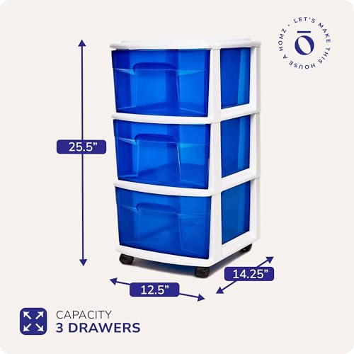 HOMZ Drawer Tower, 3-Tier Clear Blue Plastic Storage Organizer Cart, White Frame - Rolling Drawer Containers with Wheels for Bathroom, Bedroom, Office, and Classroom Organization - color: White Frame/Blue Drawers, size: 1 Pack