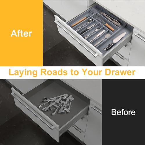 Large Premium Bamboo Silverware Organizer - Expandable Drawer Organizer & Utensil Organizer - 17"x19.7" Cutlery Tray with Dividers for Kitchen Utensils and Flatware (7-9 Slots) (Grey) - color: Grey, size: 9 Slots Expandable