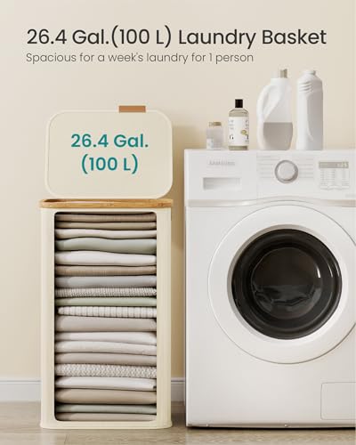 SONGMICS Laundry Hamper, Laundry Basket with Lid, Foldable Storage Basket, Bamboo Frame, for Bedroom, Living Room, Oxford Fabric, 26.4 Gal. (100 L), Cream White ULCB518WD01 - color: Cream White, size: 100 L (1-Section)