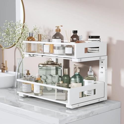 1 Pack 17IN Depth Under Sink Organizer, 2-Tier Pull Out Cabinet Organizer With Smooth Circular Rail, Large Capacity Metal Mesh Sliding Drawers For Bathroom& Kitchen Storage,Height Adjustable –White - color: White, size: 1 Pack-17"Dx11.6"-16.7" H