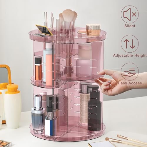 Rotating Makeup Organizer, DIY 8 Adjustable Layers Spinning Skincare Storage, Cosmetic Display Case with Brush Holder and Perfume Tray, Multi-Function Vanity Bathroom Countertop Organizer Clear Pink - color: Clear Pink