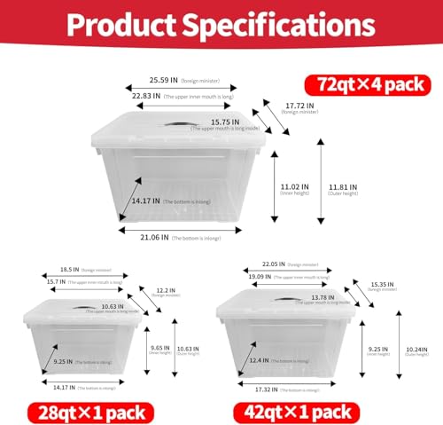 358 QT Set Heavy-Duty Stackable Clear Storage Bins with Lids - Premium Clear Plastic Organizing Containers for Home, Office, BPA-Free, Pull Handles and Secure Latches - style: 358QT (72QT X 4 Pack+42QT+28QT)