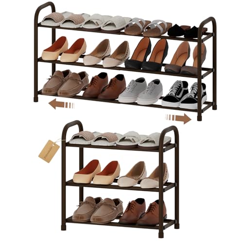 Expandable Shoe Rack, 3-Tier Metal Small Shoe Rack, Adjustable Shoes Organizer, Storage Shelf for Closet, Entryway, Brown - color: Brown, size: 3-Tier