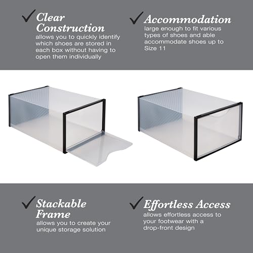 Simplify Set of 12 Stackable Shoe Boxes | Customizable | Fits Size 11 Shoes | Drop Front Design | Closet Storage | Sneakers | Heels | Clear and Black - color: Black