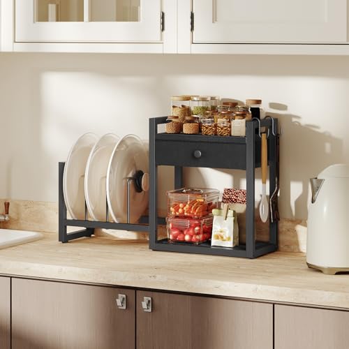 MAHANCRIS Countertop Shelf Organizer, Pots and Pans Organizer Rack, Pot Lid Holder with 1 Drawer, Pot Lid Organizer Holder with 2 Hooks, for Kitchen, Dining Room, Black POBK2201 - color: Black