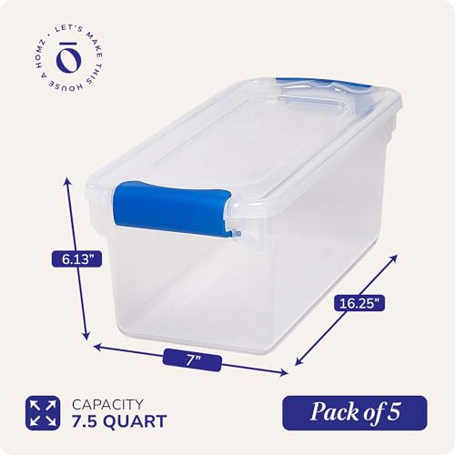 HOMZ 5-Pack Latching Lid, Clear Plastic Storage Organizer Bins, 7.5 Quart, Blue Latch - Stackable Organizing Containers for Home, Garage, and Office - color: Blue, size: 7.5 QT (5 Pack)