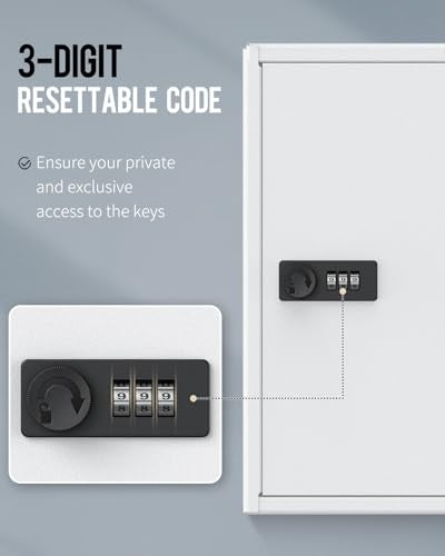 Uniclife 60 Position Slotted Key Cabinet with Combination Lock Resettable White Digital Security Storage Box Steel Key Organizer with Slotted Racks White Key Tag Labels and Permanent Pen - color: White, size: 60 Keys