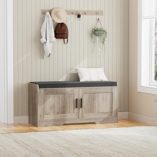 Homleke 2-Tier Storage Bench, Shoe Bench with Thickened Padded Seat Cushion, Entryway Bench with 2 Doors, Adjustable Shelf, 13.8" D x 37.4" W x 18.5" H, for Entryway, Living Room, Bedroom, Greige - color: Greige, size: 37.4"