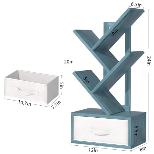 SHEEPAM Small Book Shelf with Drawer,4 Tier Black Tree Bookshelf,Blue Desktop Bookcase,Modern Desk Display Storage Bookshelves,Floor Standing Organizer Bookcases for Living Room,Bedroom,Office - color: Navy Blue, size: 4 Tier