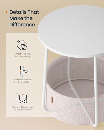 SONGMICS HOME Small Side Tables, Round End Tables, 2 Tier Nightstands with Basket, U Shaped Steel Legs, Easy Assembly, for Living Room, Bedroom, Set of 2, White and Brown - color: White + Brown, size: 2 pack