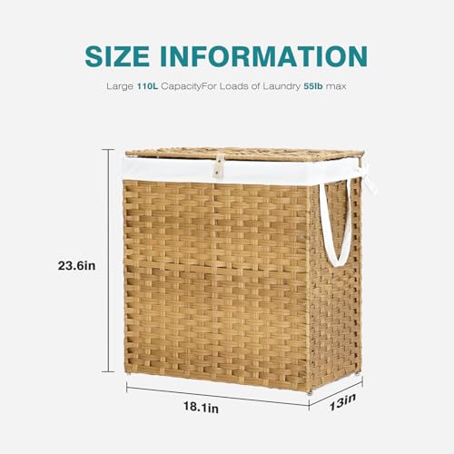 DUMOS Wicker Laundry Basket with Lid, 110L Woven Laundry Hamper with Handles, Foldable Rattan Clothes Hamper with Removable Liner & Sturdy Steel Frame, Goose Yellow - color: Goose Yellow, size: 110L