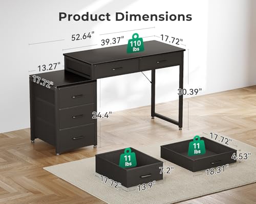 ODK Computer Desk with 5 Drawers, 53 Inch Office Desk with Printer Shelf, Reversible Gaming Desk for Home Bedroom, Writing Table Desk with Headphone Hook for Storage, Black - color: Black