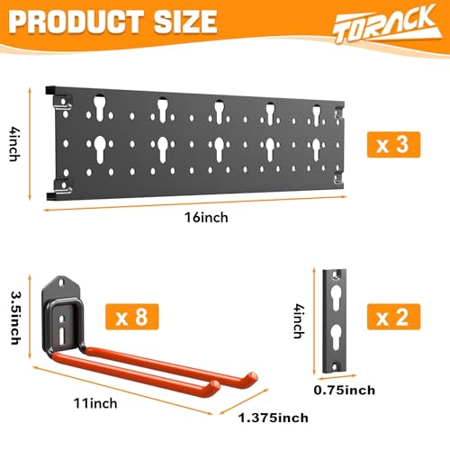 TORACK Garden Tool Organizer Wall Mounted, Garage Folding Chair Storage Rack, Tools Rack for Shovels, Rakes, Broom, Ladders, Hooks for Keyhole Style Shelving Unit(13 pcs) - style: 3 panels with 8 hooks
