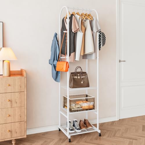 SUOERNUO Clothes Rack With Wheels and 3-Tier Metal Shelves,Clothing Rack For Hanging Clothes With 4 Hooks,Garment Rack Wardrobe Organizer for Small Space,Black (white, 16.54 * 18.23 * 72.05) - color: white