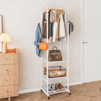 SUOERNUO Clothes Rack With Wheels and 3-Tier Metal Shelves,Clothing Rack For Hanging Clothes With 4 Hooks,Garment Rack Wardrobe Organizer for Small Space,Black (white, 16.54 * 18.23 * 72.05) - color: white