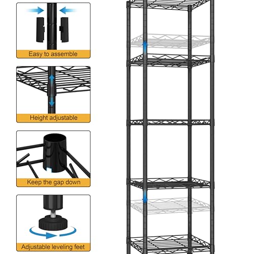 HOMEFORT Storage Shelves, 5-Wire Shelving, Metal Shelving Unit Adjustable Storage Shelves Rack for Kitchen, Pantry, Bathroom, Black, 11.6" W x 11.6" D x 46" H - color: Black, size: 12"W x 12"D x 46"H