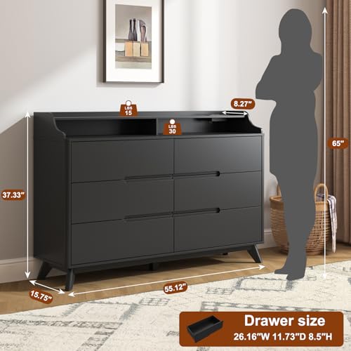 Dresser for Bedroom with 6 Drawers, 55" Large Dresser w/Charging Station, Open Shelf Top, Pre-Installed Slides, Wood Closet Clothes Storage Long Dressers for Bedroom, Living Room, Hallway, Black - color: Black, size: 16"D x 55"W x 37"H (6 Drawers)