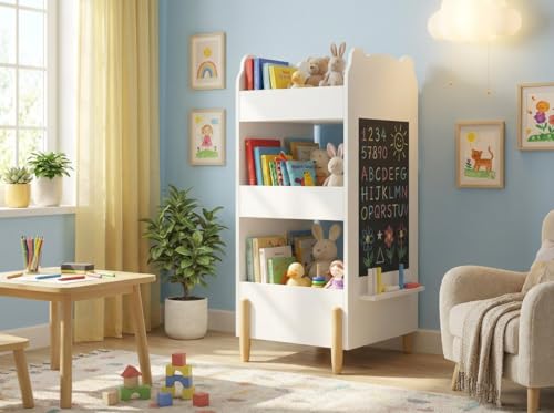 Kid Toy Bookcase,3-Tier Bear Shaped Wooden Kids Bookshelf with Legs, Montessori Bookshelf with Blackboard for Toys and Books, Storage Organizer for Living Room/Bedroom/Nursery/Kids Room-White