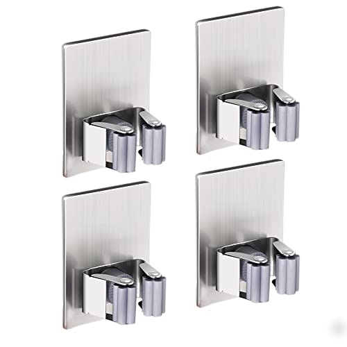HANZE 4 Pack Stainless Steel Mop Broom Holder Organizer, Self Adhesive Wall Mounted Mop Organizer Storage Rack Clip for Kitchen Bathroom and Garage (Rectangle, Large) - color: Model 1 (4 Pakck)