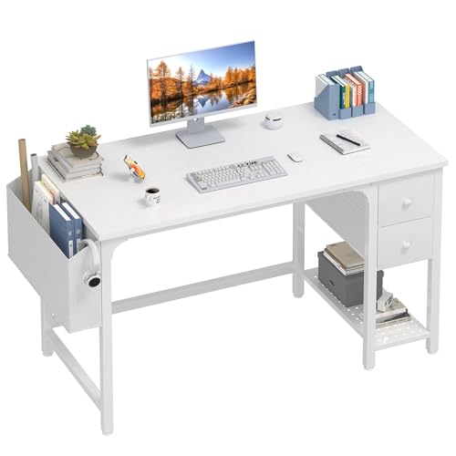Lufeiya White Computer Desk with Drawers - 47 Inch PC Desk for Small Space Bedroom Home Office, Modern Simple Study Writing Table Desks with Storage Shelf, White - color: White, size: 47 inch