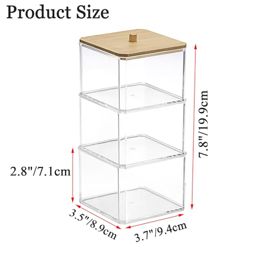 Hipiwe 3 Tiers Acrylic Cotton Swab Organizer Clear Qtip Holder with Lid Stackable Bathroom Accessories Storage Box for Office Living Room Bathroom, 3.7 x 3.5 x 7.8 Inch