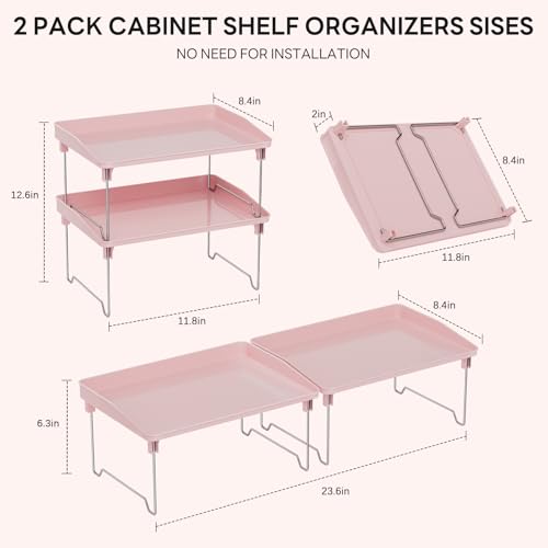 STARLATTA 2 Pcs Cabinet Organizer Shelf，Stackable Kitchen Counter Shelves, Spice Rack,Countertop Organizers，Pink Plastic Storage Shelves Rack for Makeup，Bathroom, Cupboard，Desk，Pantry Organization - color: pink, size: 2 pack