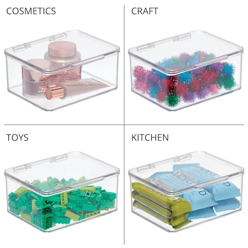 mDesign Plastic Playroom and Gaming Storage Organizer Box Containers with Hinged Lid for Shelves or Cubbies, Holds Small Toys, Building Blocks, Puzzles, Markers, Controllers, or Crayons, 8 Pack, Clear