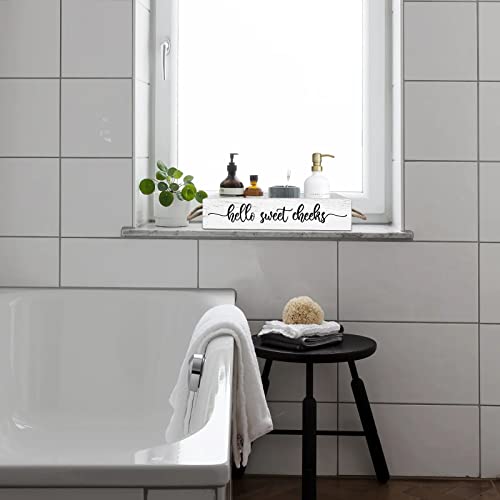 PZJIEAN Funny 2 Sides Hello Sweet Cheeks White Bathroom Decor Box with Handle, Farmhouse Bathroom Decor Box for Toilet Paper, Back of Toilet Organizer - color: White