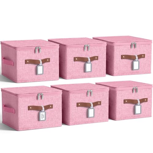 6 Pack Fabric Closet Storage Bins with Zipper Lids and Label, 10×8×7In Large Size Foldable Cotton Linen Storage Cubes Boxes with PU Leather Handles Holders for Bedroom, Nursery, Pink - color: Pink, size: 10×8×7in