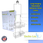 Gecko-Loc Extra-Long Adjustable Over-the-Showerhead Shower Caddy – Rustproof Stainless Steel Organizer with Suction Stabilizer, Deep Basket & Hooks – No-Drill, Tool-Free Installation (Silver) - color: Chrome