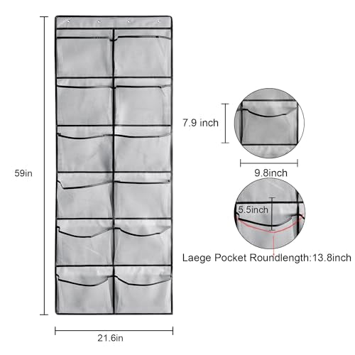 1 Pack 12 Breathable Mesh Pockets Large Hanging Shoe Organizer Over The Door Shoe Rack for Closet Door Storage Shoe Holder Hanger, 4Hooks, Grey (59'' x 21.6'') - color: Grey-B1