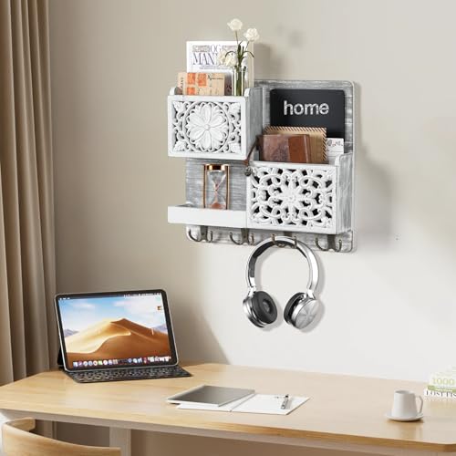 Mail Organizer Wall Mounted, 2 Slots Key Holder for Wall with 8 Hooks, Rustic Wood Key Rack with Shelf for Entryway Hallwall Farmhouse - size: Large