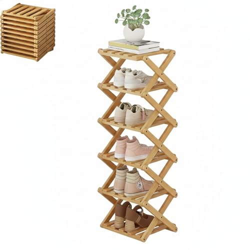 Foldable Shoe Rack, Bamboo Vertical Shoe Organizer Tall for Small Spaces. Multifunctional Narrow Shoe Shelf for Entryway, Closet, Corner, Bedroom, Hallway, Wood Color 6 Layers - size: 6th floor