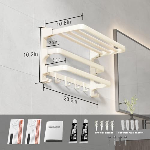 VOLDRA Towel Racks for Bathroom, 24-Inch Towel Shelf with 2 Towel Bar Foldable Towel Holder with 7 Hooks Towel Storage Organizer for Bathroom & Lavatory Wall Mounted(Milky White) - color: Milky White, size: Extra 2 towel bar