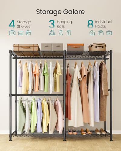 SONGMICS Clothing Rack, Heavy-Duty Garment Rack with Adjustable Storage Shelves and Hanging Rails, Hooks, Freestanding Portable Wardrobe Closet, Cloud White ULGR427BH01 - color: Ink Black, size: 65"L x 76"H, style: Without Fabric Cover