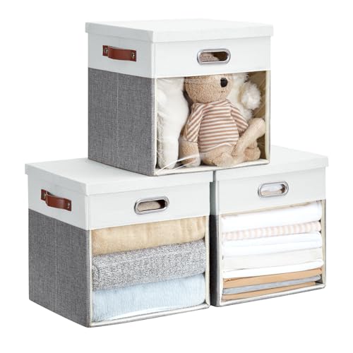 Ultra Thick Fabric Storage Cubes with Lids & Windows, 13-Inch Foldable Closet Storage Bins with 3 Handles, Home Decorative Boxes for Bedroom, Living Room, Dorm, Office (Gray & White) - color: Gray&White, size: 13"L x 13"W x 13"H