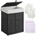 Greenstell Laundry Hamper with Lid, 90L Clothes Hamper with 2 Removable Liner Bags & 2 Mesh Laundry Bags, Handwoven Synthetic Rattan Laundry Basket for Clothes, Toys in Bathroom, Bedroom Black - color: Black, size: 90L (18.1 x 13.0 x 23.6 inches)