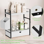 Kottwca 2-Tier Bathroom Counter Organizer with Drawer, Basket & Hooks, Wooden Vanity Shelf for Skincare, Perfume & Makeup Storage(White) - color: White